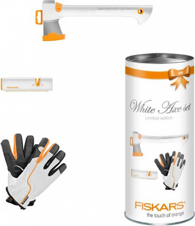 Набор FISKARS топор белый + точилка + перчатки в тубусе 129040